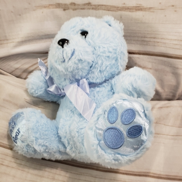 Fuzzy Baby Blue Baby's First Bear 9" Plush Stuffed Animal Satin Feet Ears Bow - Picture 3 of 9